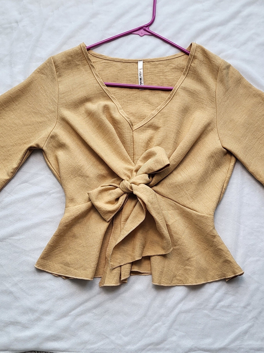 Tie-Front Peplum Blouse in Mustard - Women Tops, Size S